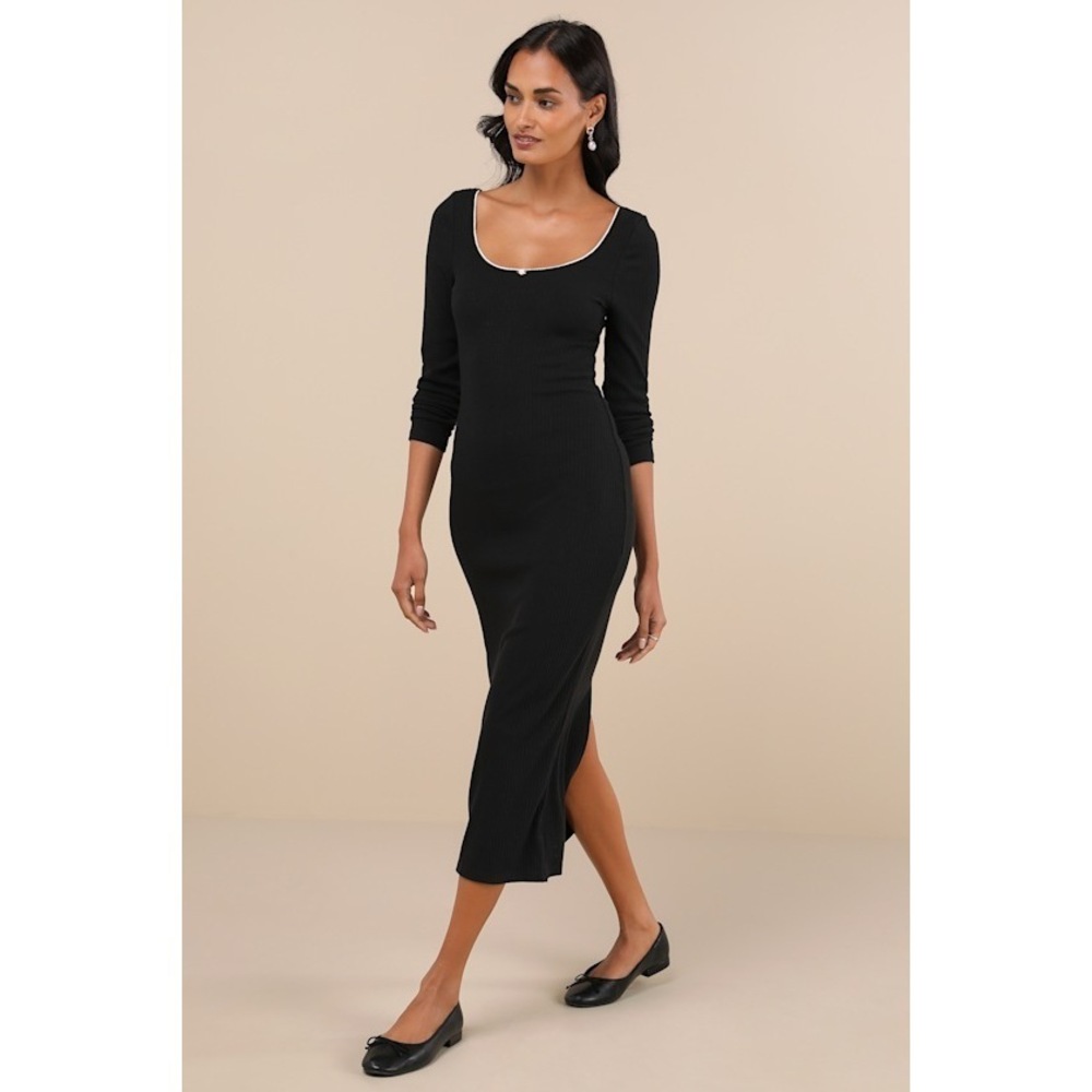 Lulus Certainly Darling Black Ribbed Long Sleeve Midi Dress - Size XL